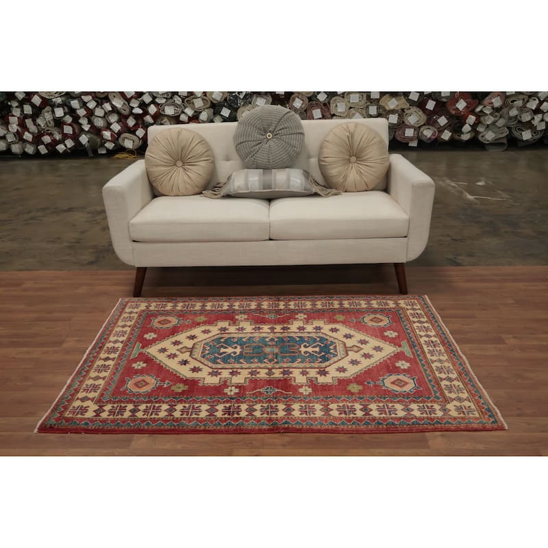 Hand Knotted Oriental 100% Wool Carpet Traditional Geometric Beige & Ivories Kazak Area Rug - 5' 4'' X 3' 7''