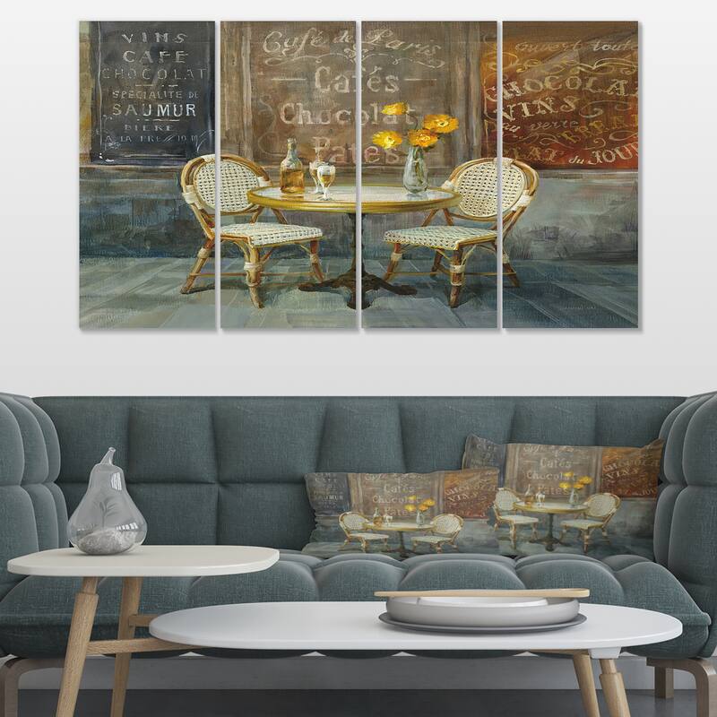 Designart "French Cafe" Traditional Canvas Artwork Print - 48 in. wide x 28 in. high - 4 Panels