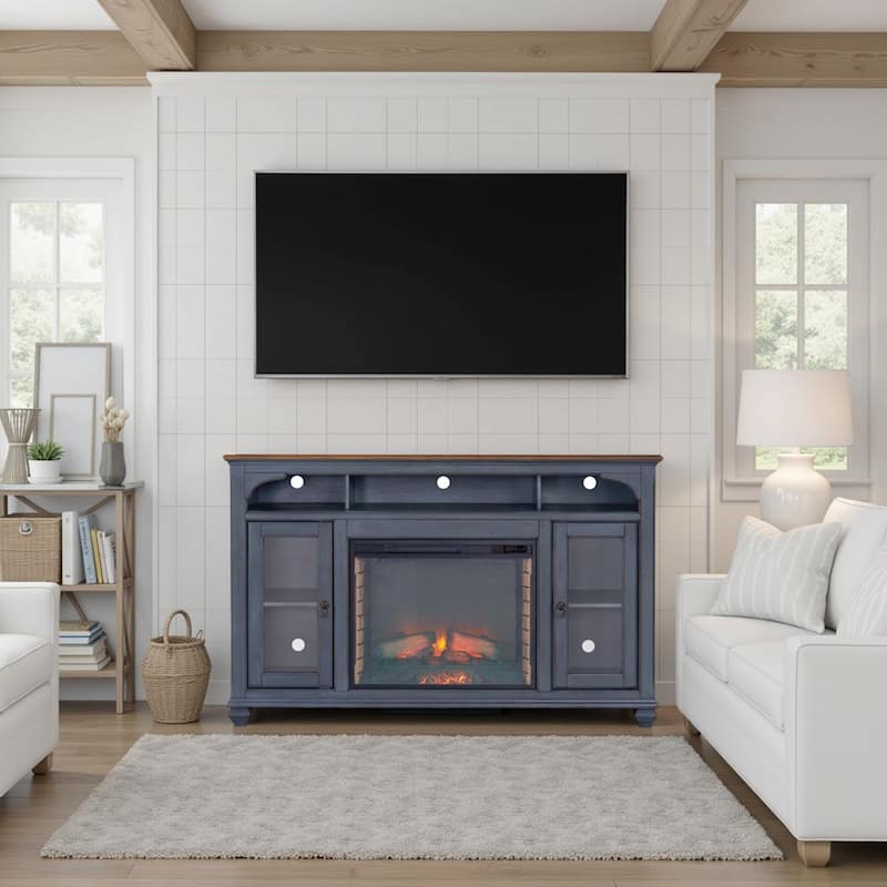 Bridgevine Home Americana 66 in Fireplace TV Stand for TVs up to 80 inches, Corduroy Blue Finish