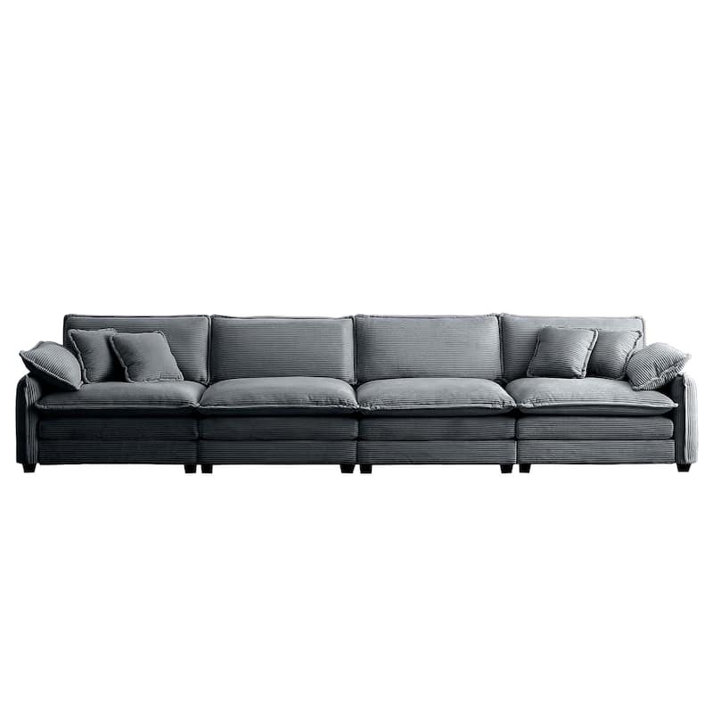 Grey 150" Corduroy 4-Seater Modular Sectional Sofa, 6 Pillows & Free Combination