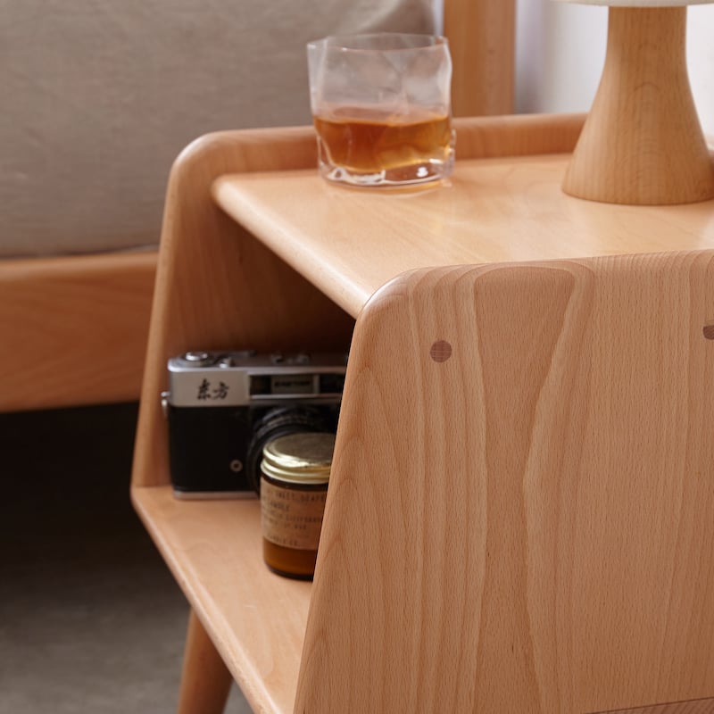 Small Nightstand with Open Storage Shelf, Coffee Table with Wooden Tabletop, Couch Side Table with Solid Wood Legs