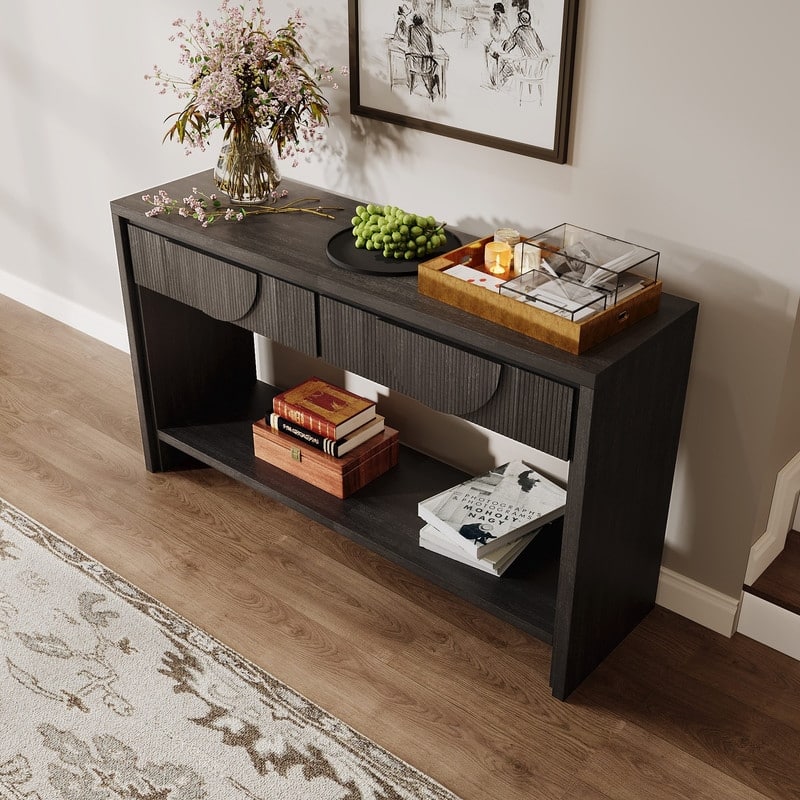 Farmhouse 55.12" Console Table with Distressed Wood Finish and Fluted Drawers for Living Rooms