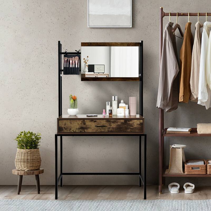 Gymax Industrial Vanity Table with 3-Height Adjustable Mirror Storage