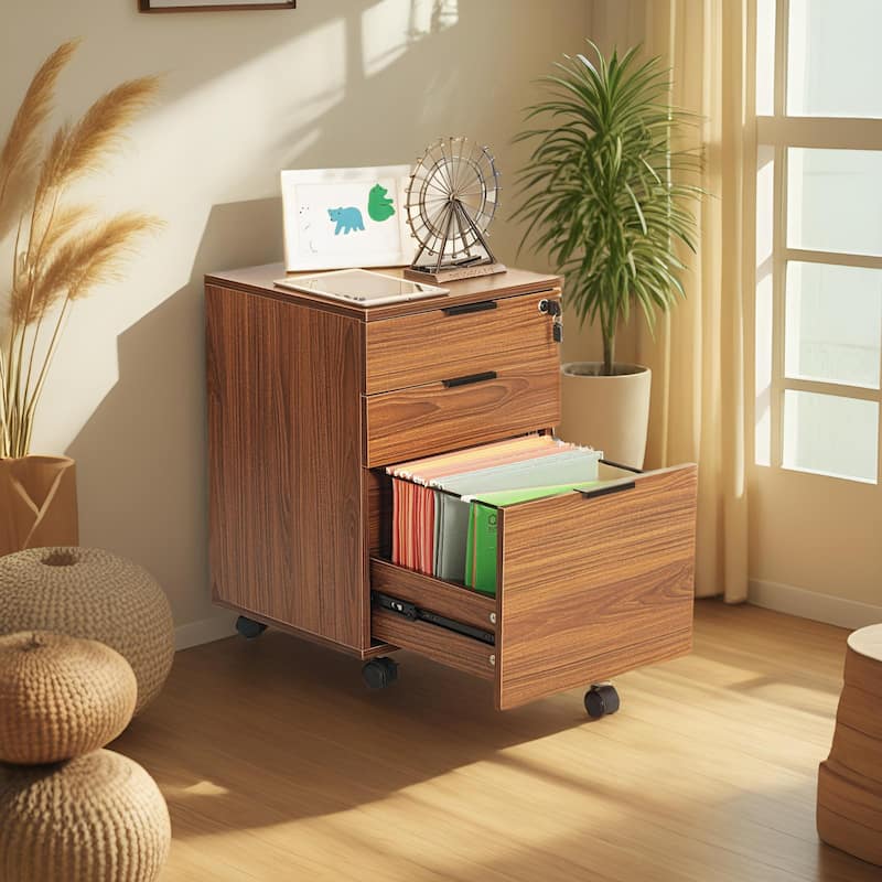 JJS 3 Drawer Rolling File Cabinet Wooden Storage with Lock & Wheels - Brown