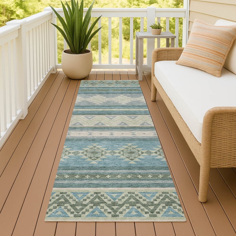 Machine Washable Indoor/ Outdoor Global Heston Chantille Rug - Teal - 2'3" x 7'6"