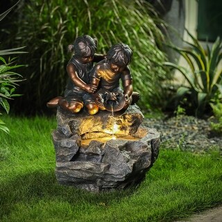 Bronze and Grey Resin Children on Rock Outdoor Fountain with LED light