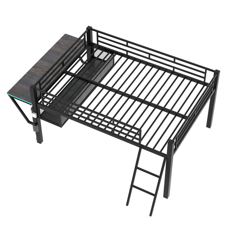 Twin/Full Size Gaming Mid Loft Bed with Gaming Desk and LED Lights, Low Metal Loft Bedframe with Ladder for Kids Teens