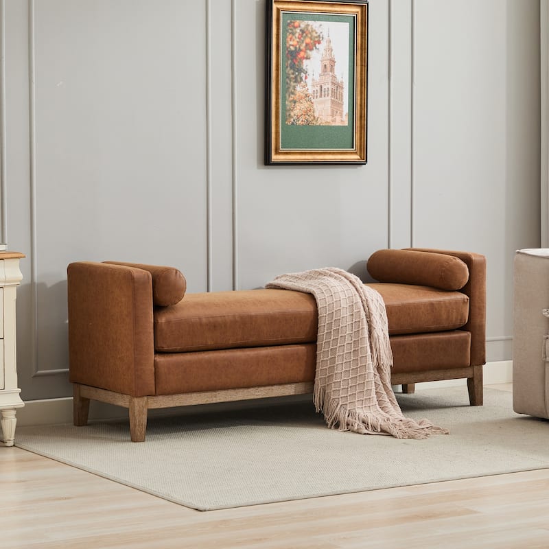 66.34"W Elegant Upholstered Bench,Daybed, Ottoman with Wood Legs & 2 Bolster Pillows