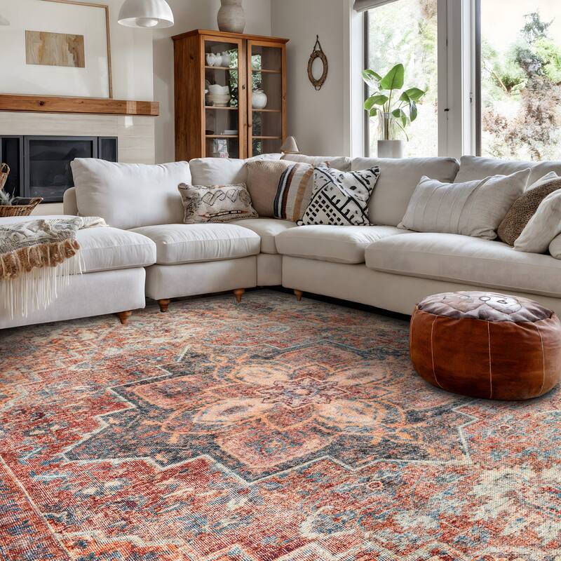 Beige Floral Medallion Washable Rug - Low Pile, Non-Slip