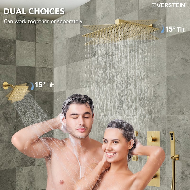 Dual Heads 16" Rainfall & High Pressure 6" Thermostatic Shower System with Body Jets