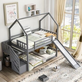 Twin over Twin House Wood Bunk Bed with Slide, Grey