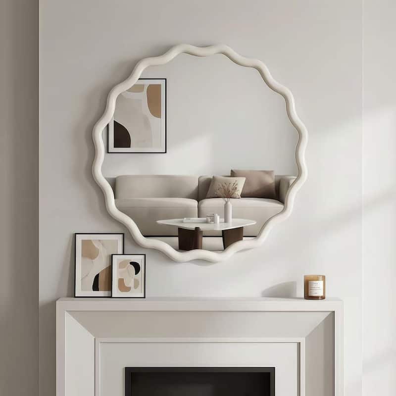 24 inch Wavy Round Solid Wood Frame Decorative Mirror,For Bedroom, Bathroom, Living Room, Entryway