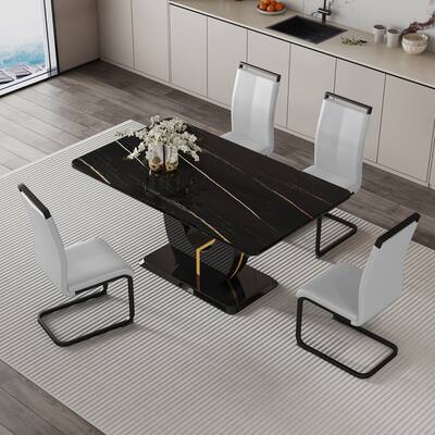 Modern minimalist and luxurious black imitation marble texture dining table rectangular office desk.For dining room