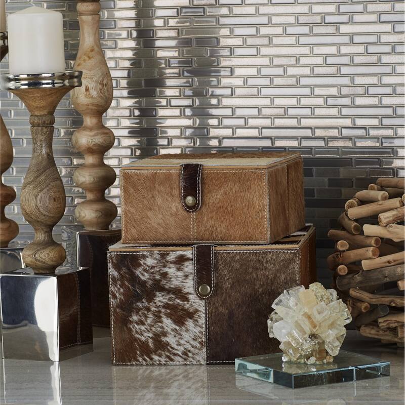 Leather Handmade Decorative Box with Hinged Lid - Set of 2 Gray, Brown, Dark Brown, Gold, Silver - Roche River Decor