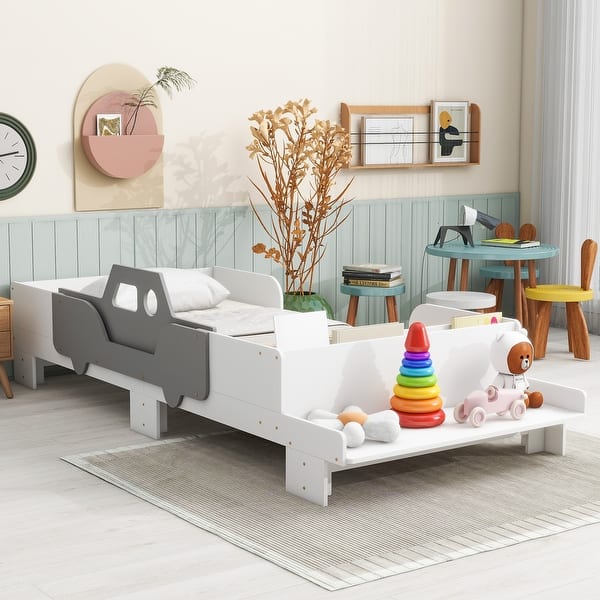 slide 2 of 7, Stylish Car-Shaped Twin Bed with Bed-End Bench and Book Storage Groove - Durable Pine Wood Frame for Kids White