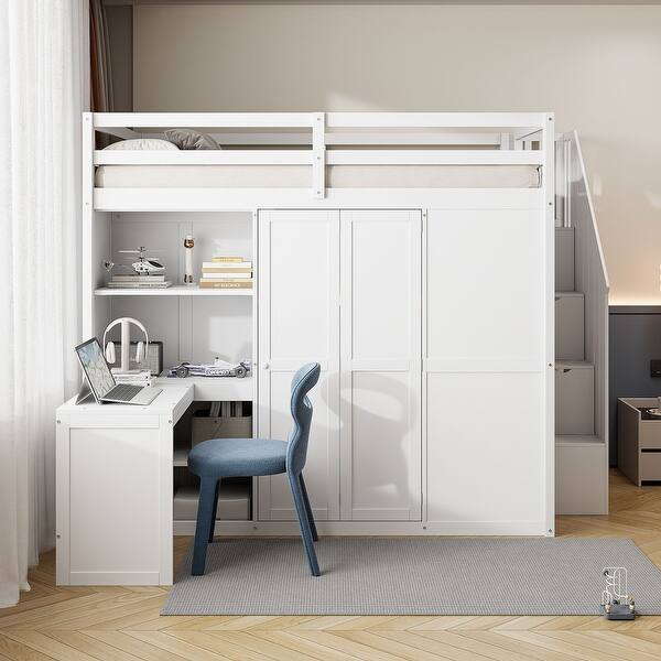 slide 2 of 16, Elegant Full Size Bunk Bed with Storage Wardrobe and Shelves, Versatile Bed with Built-In Desk Beneath the Bed Grey