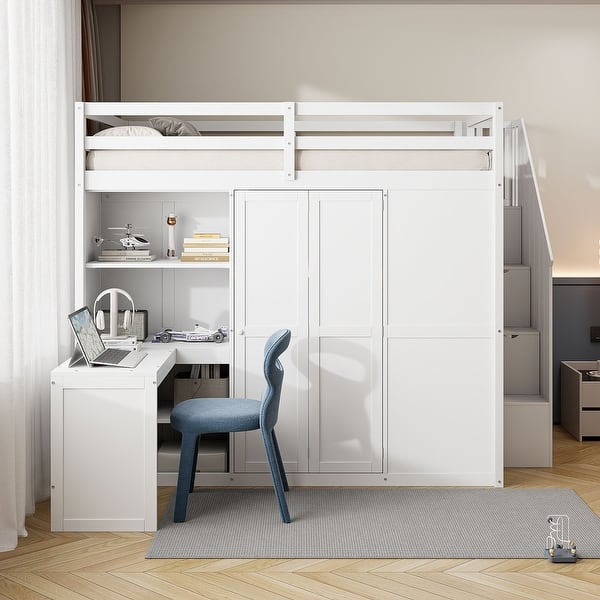 slide 2 of 15, Full Size Bunk Bed with Wardrobe, Desk & Shelves, Multi-Functional Space Saver - White White