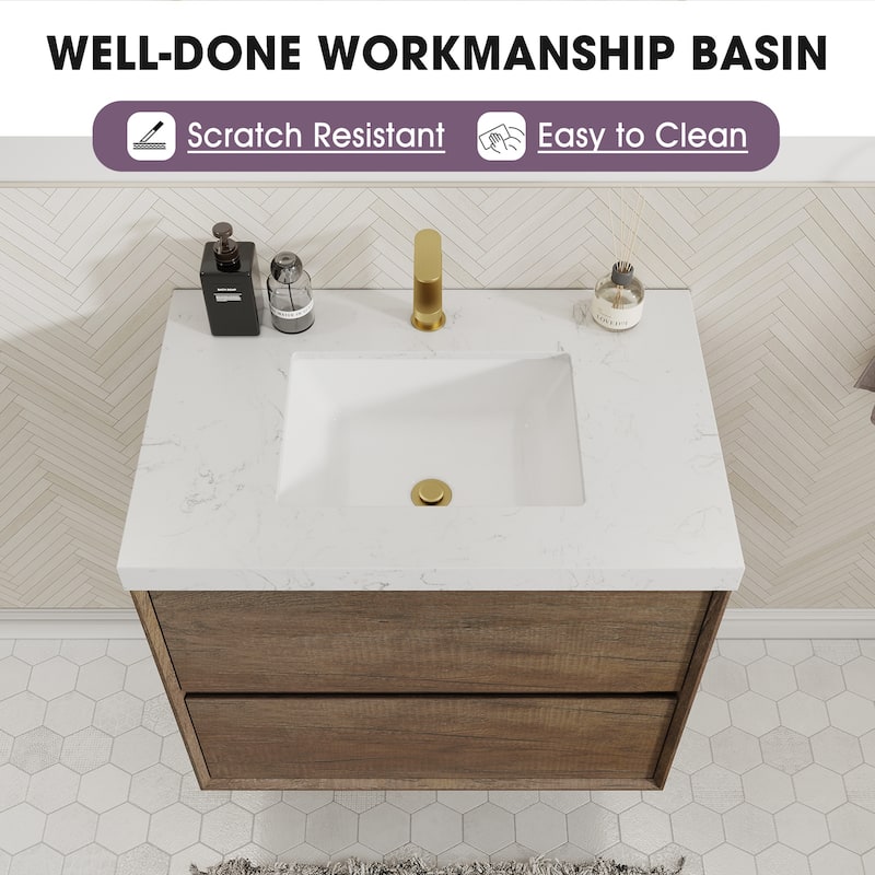 Sylphar 30 inch Bathroom Vanity with Sink, Floating Oak Cabinet with Stone Top