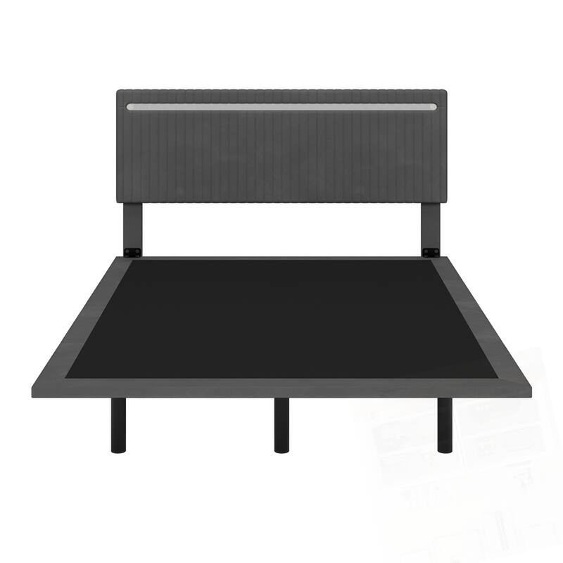 Modern Upholstered Floating Bed Frame with LED Lights Velvet Fabric Bed