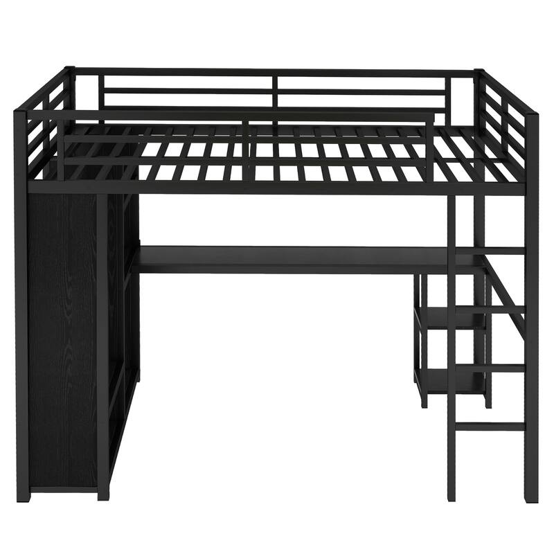 Black Metal Loft Bed Frame with Built-in Wardrobe, Desk and Shelves