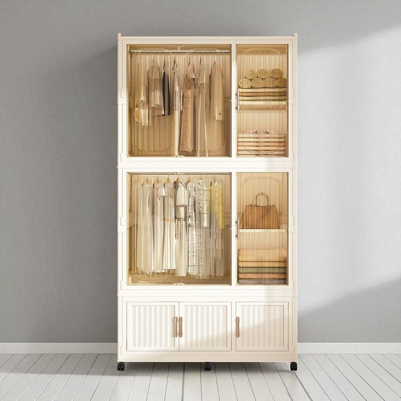 Portable Wardrobe Closet with 9 Magnetic Doors, 9 Cubes, 2 Hanging Rods, 6 Hangers & Wheels, Plastic Storage Organizer - Cream White