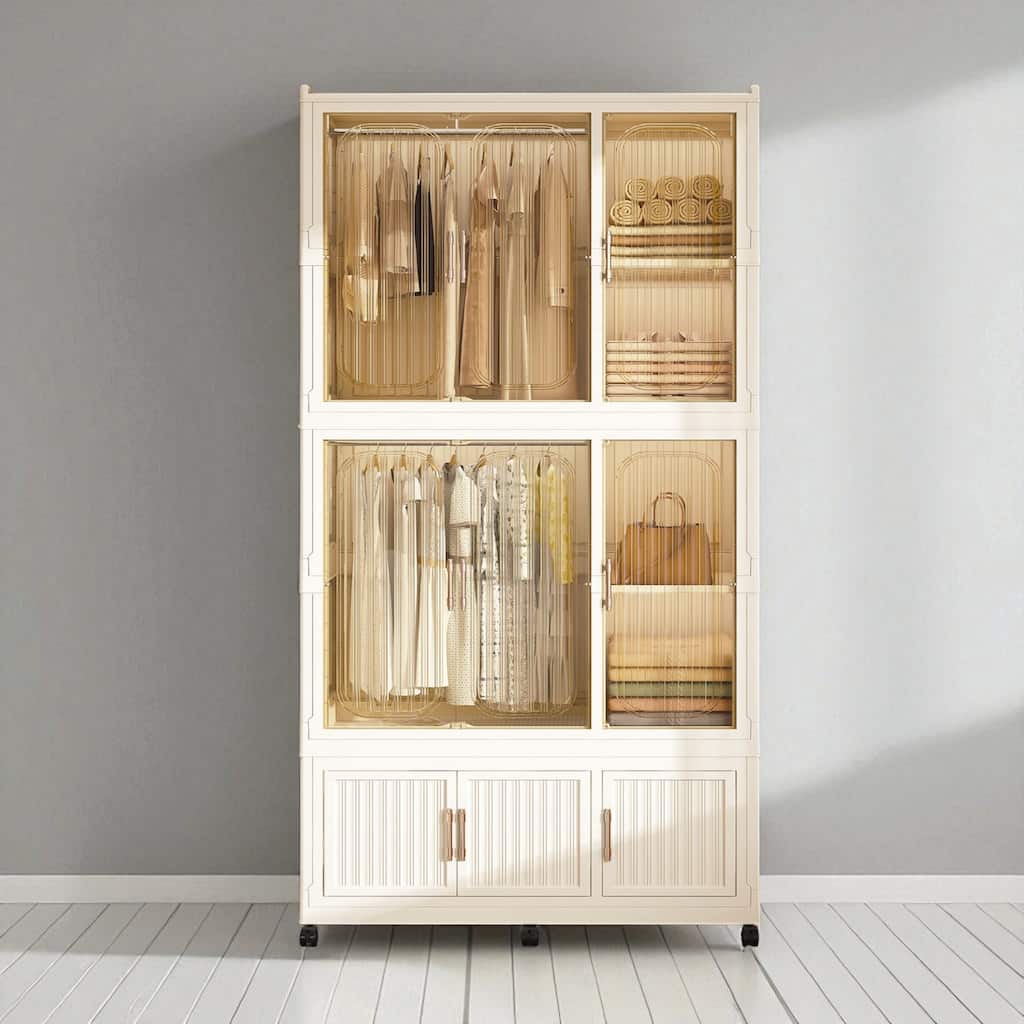 Portable Wardrobe Closet with 9 Magnetic Doors, 9 Cubes, 2 Hanging Rods, 6 Hangers & Wheels, Plastic Storage Organizer