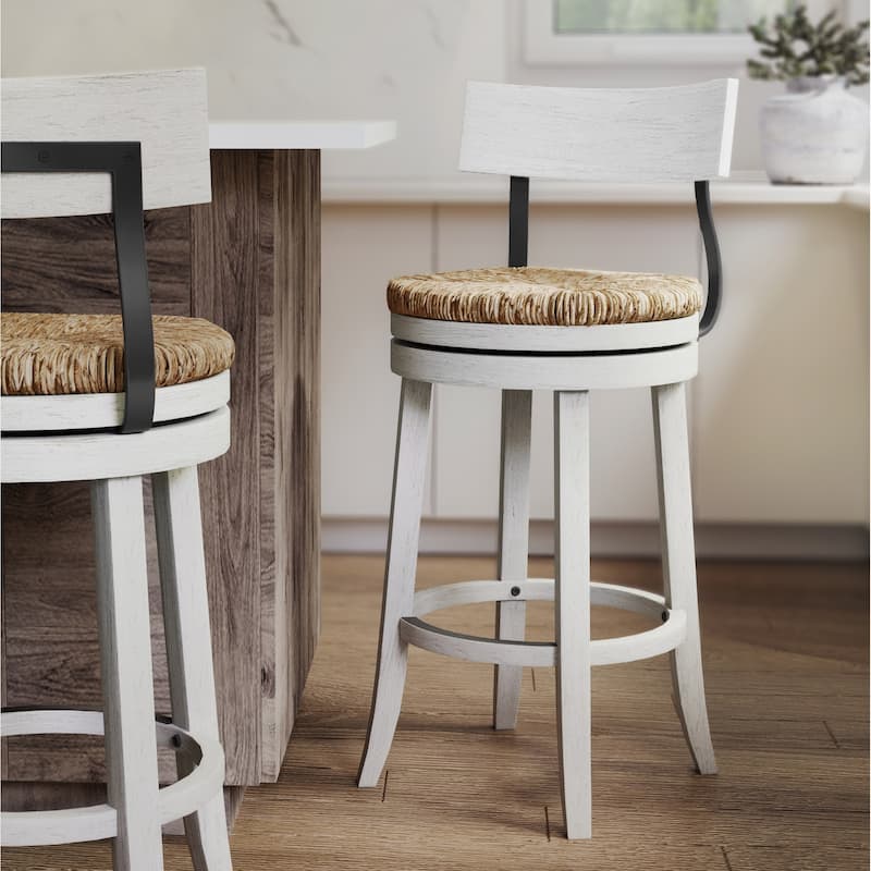 Farmhouse Swivel Wood and Steel Bar Stool with Natural Seagrass Seat - Reclaimed White - Bar Height