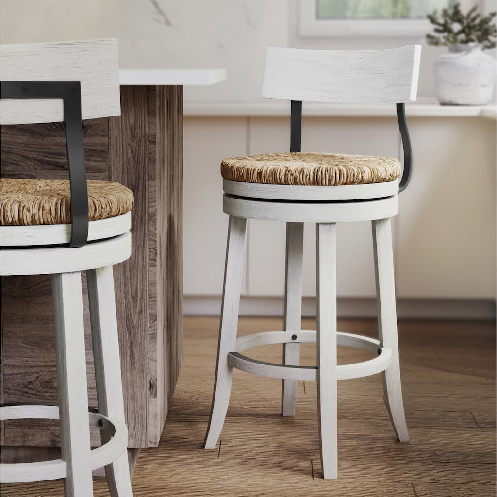 Farmhouse Swivel Wood and Steel Bar Stool with Natural Seagrass Seat