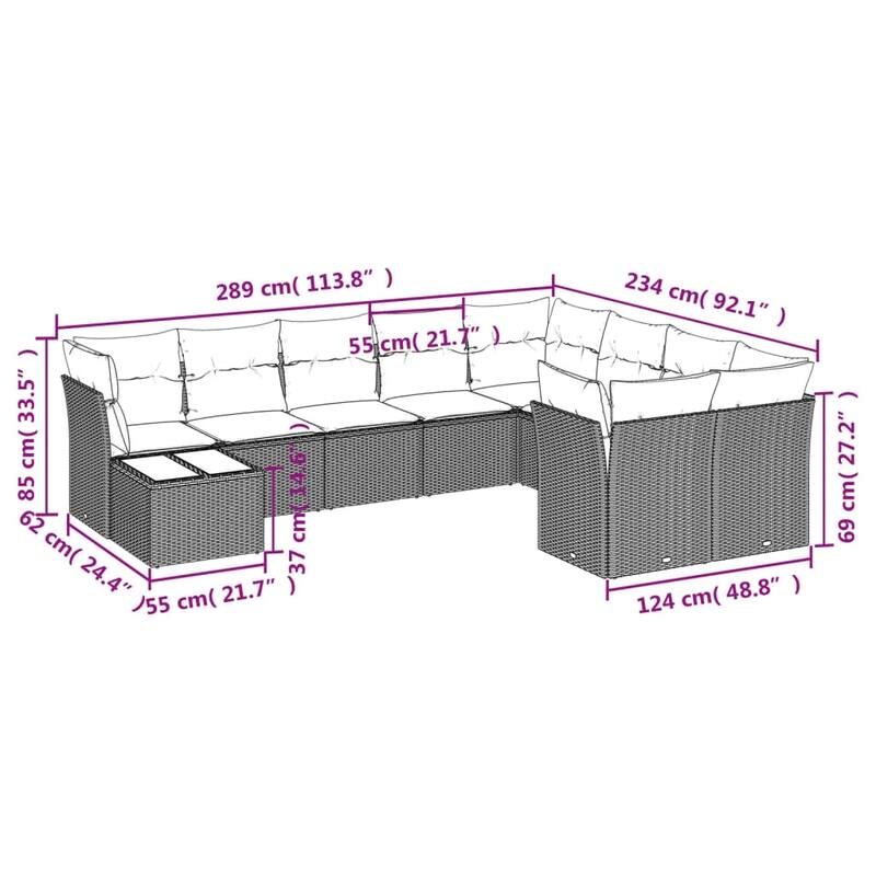 vidaXL 10 Piece Patio Sofa Set with Cushions Black/Brown/Gray Poly Rattan - 21.7 x 24.4 x 27.2