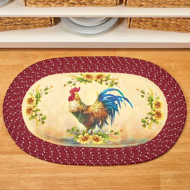 Rooster & Sunflowers Slip-Resistant Braided Kitchen Runner Rug