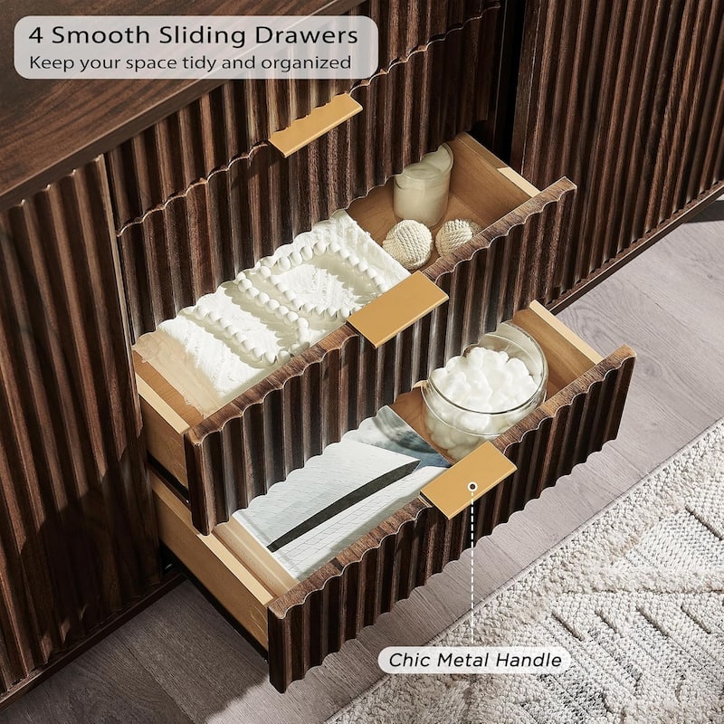 Modern fluted 2 Doors Dresser, 4 Wood Chest of Drawers for Living Room