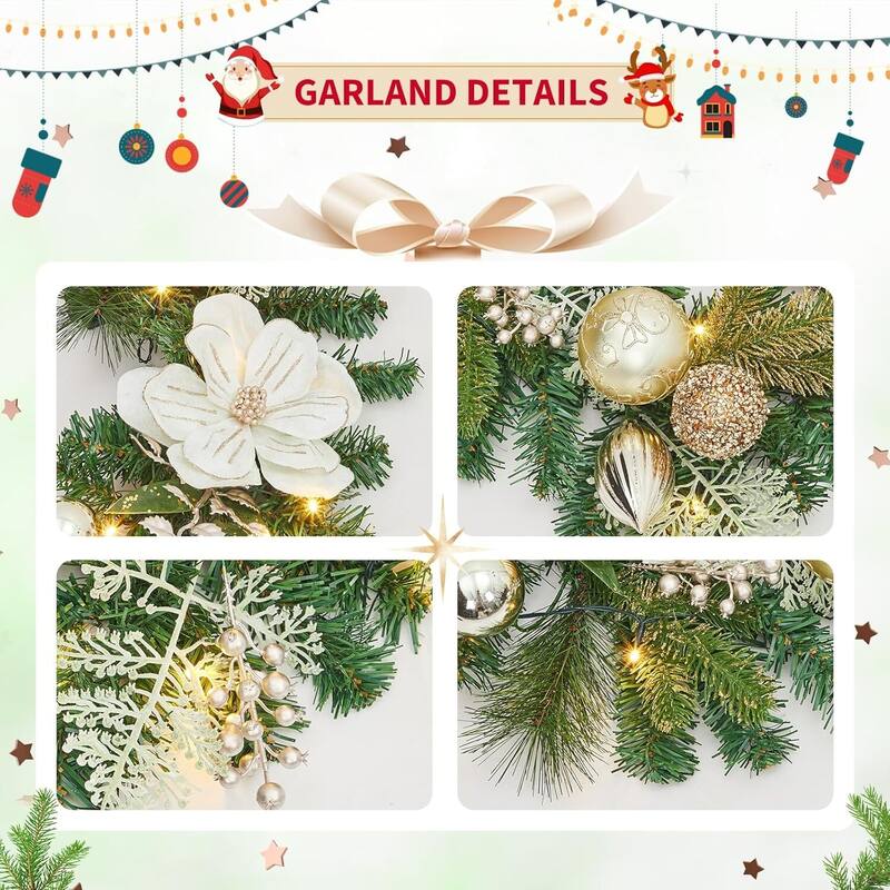 6ft Magnolia Flower Christmas Garland with Lights for Fireplace Stair - N/A