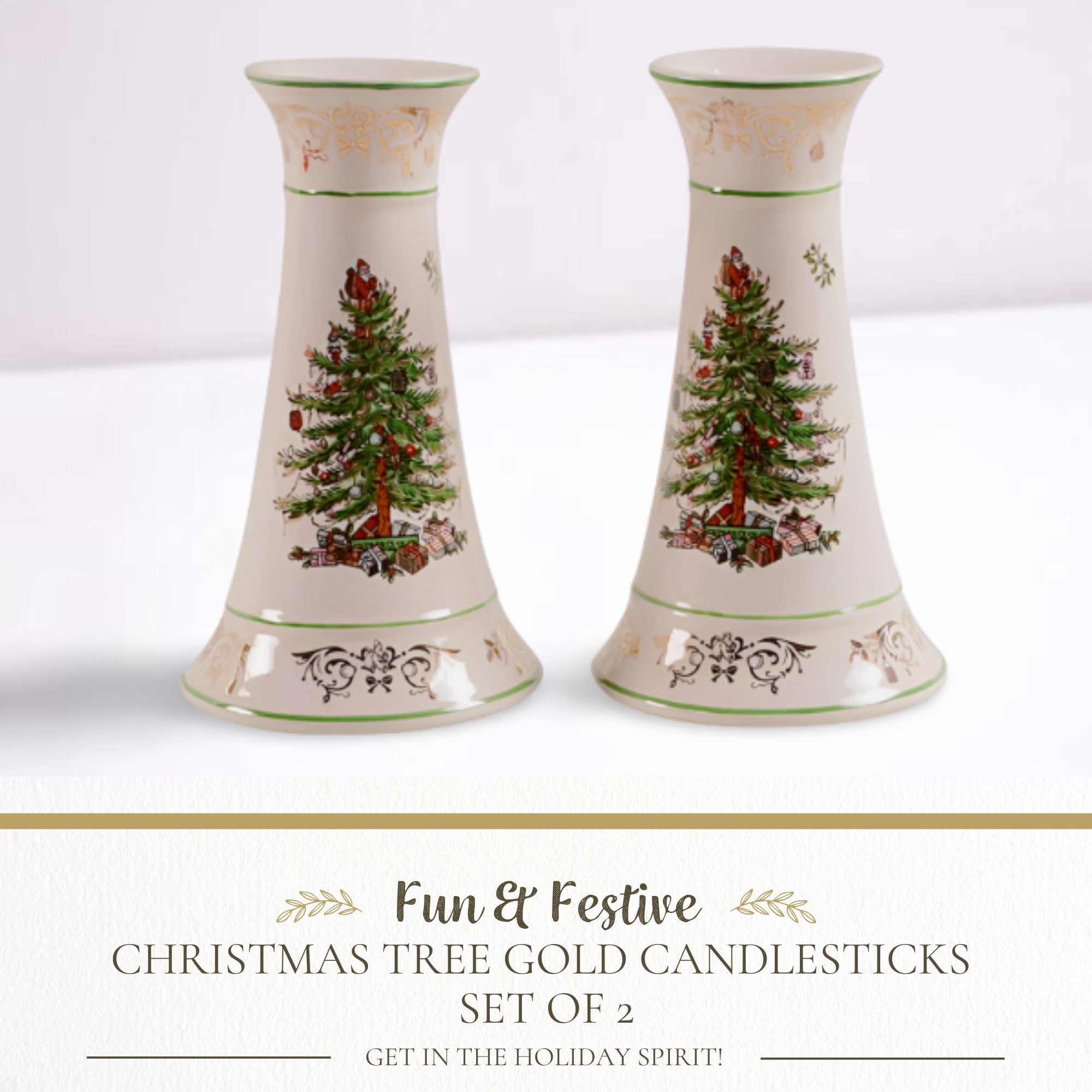 Spode Set of Christmas Tree Gold Candlesticks H Bed