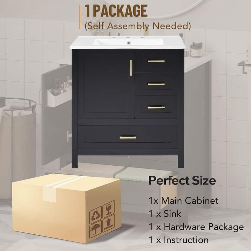 30" Black Bathroom Vanity with Sink - Solid Wood & MDF, Soft-Close Drawers, Modern Freestanding Storage Cabinet