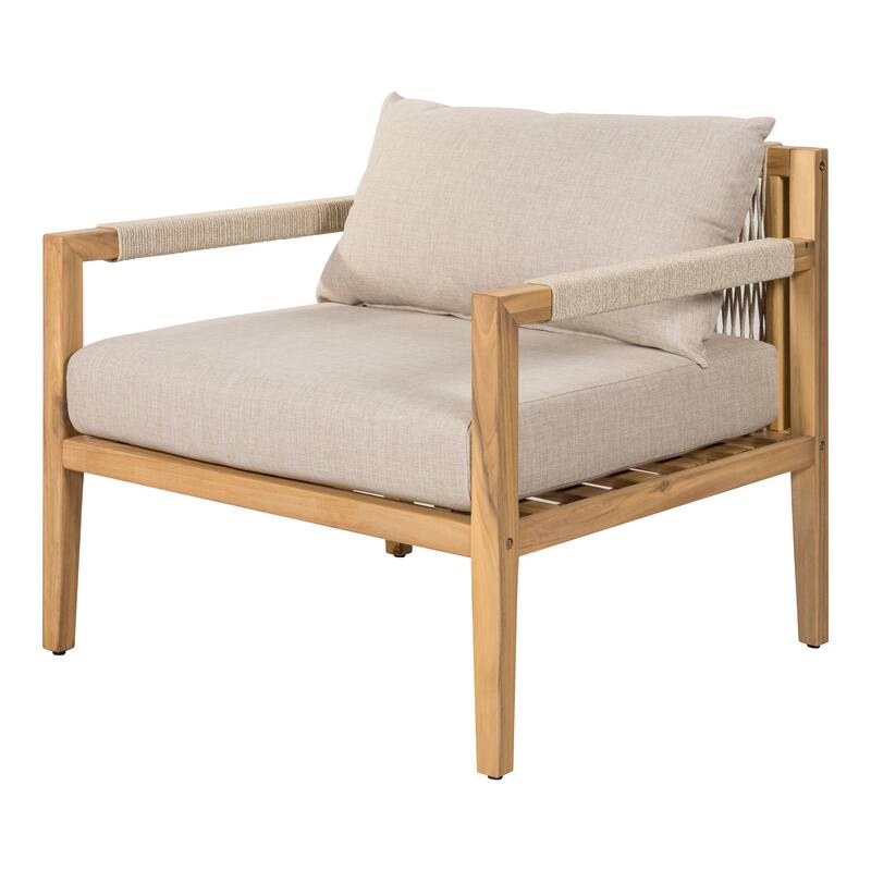 Christopher Knight Home - Modern Outdoor Wooden Rope Conversation Set with Beige Cushions and Side Table