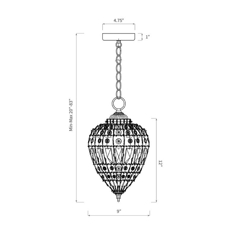 Matte Black Beaded Crystal 1 Light Island Pendant 12" Chandelier - 9" Wide x 12" Height