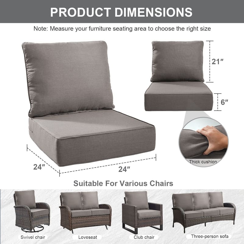 Gymojoy 24"x24"x6" Thick Cushions & Pillows Set - Deep Seat Indoor/Outdoor Water & Fade Resistant