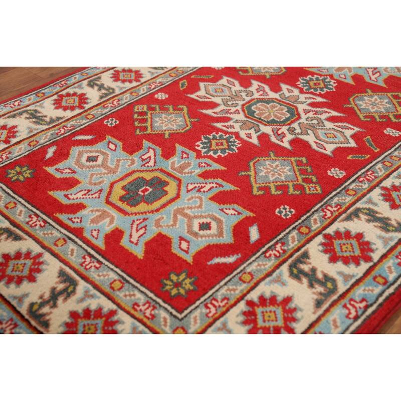 Red Kazak Foyer Rug Hand-Knotted Geometric Bedroom Wool Carpet - 2'8"x 3'11"