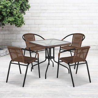 28'' Round Indoor-Outdoor Restaurant Table with 4 Dark Brown Rattan Chairs 