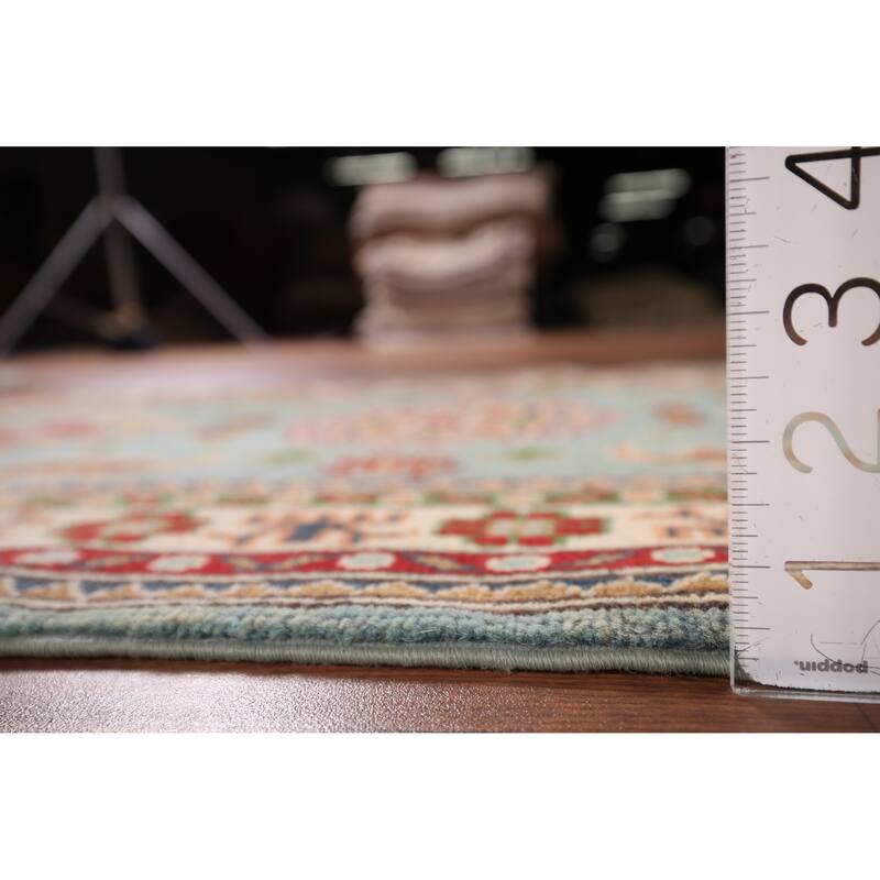 Light Blue Geometric Kazak Accent Rug Hand-Knotted Foyer Wool Carpet - 2'8" x 4'3"