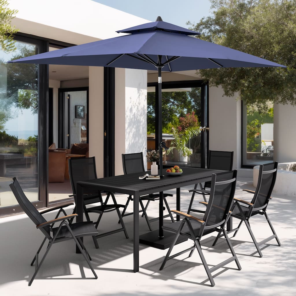 Set of 9 Outdoor Patio Dining Set WoodLike Aluminum Umbrella Hole Table with Folding Chairs, Market Umbrella and Base