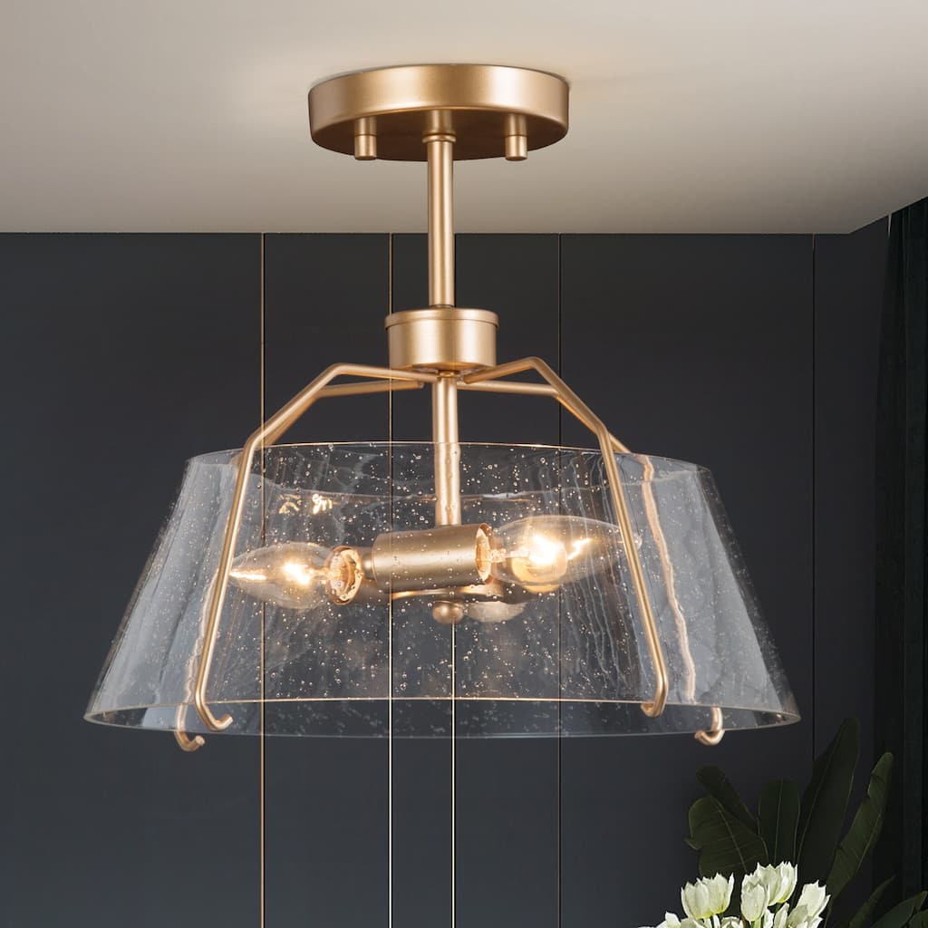 Clarise Glam Gold Semi Flush Mount Seeded Glass Dimmable Ceiling Light - D13"xH11.5"