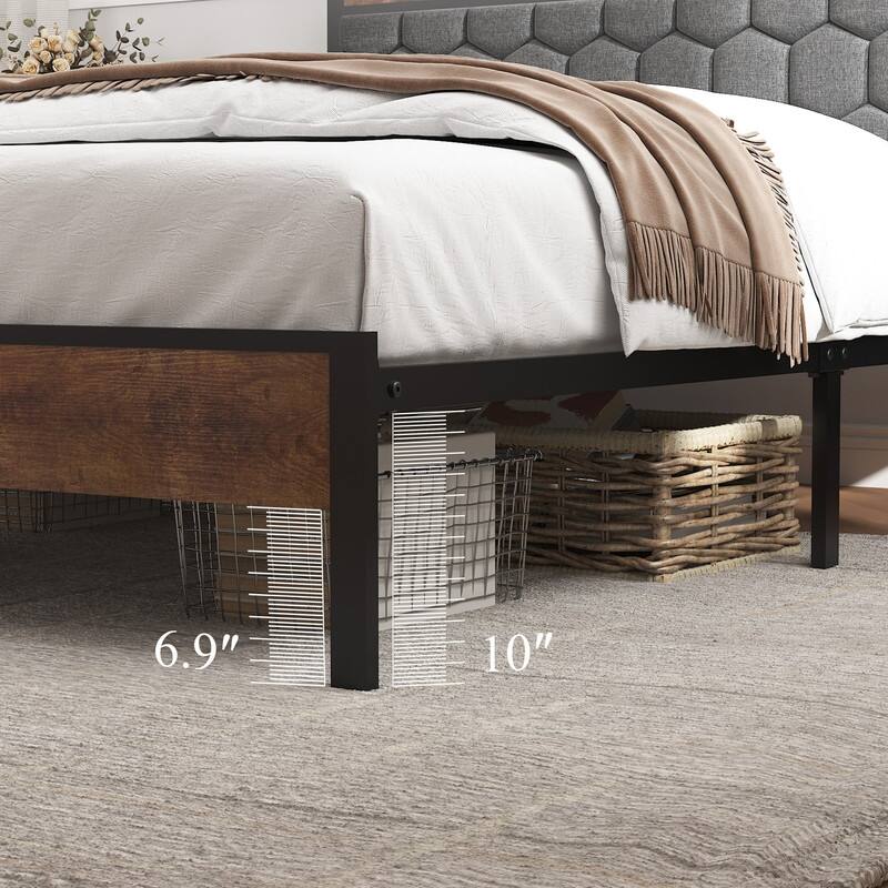 Queen Size Metal & Wood Platform Bed with 2 USBs, no noise