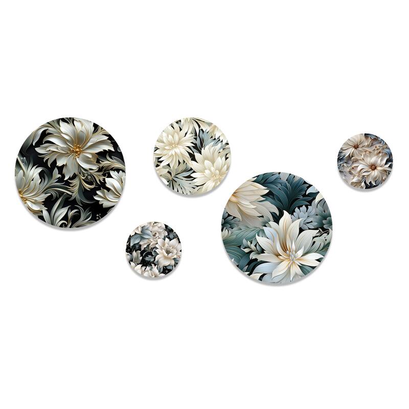Designart "Exotic Grey And Black Flowers Pattern" Floral Wall Art Set of 5 - Cottage White Metal Art Print Set