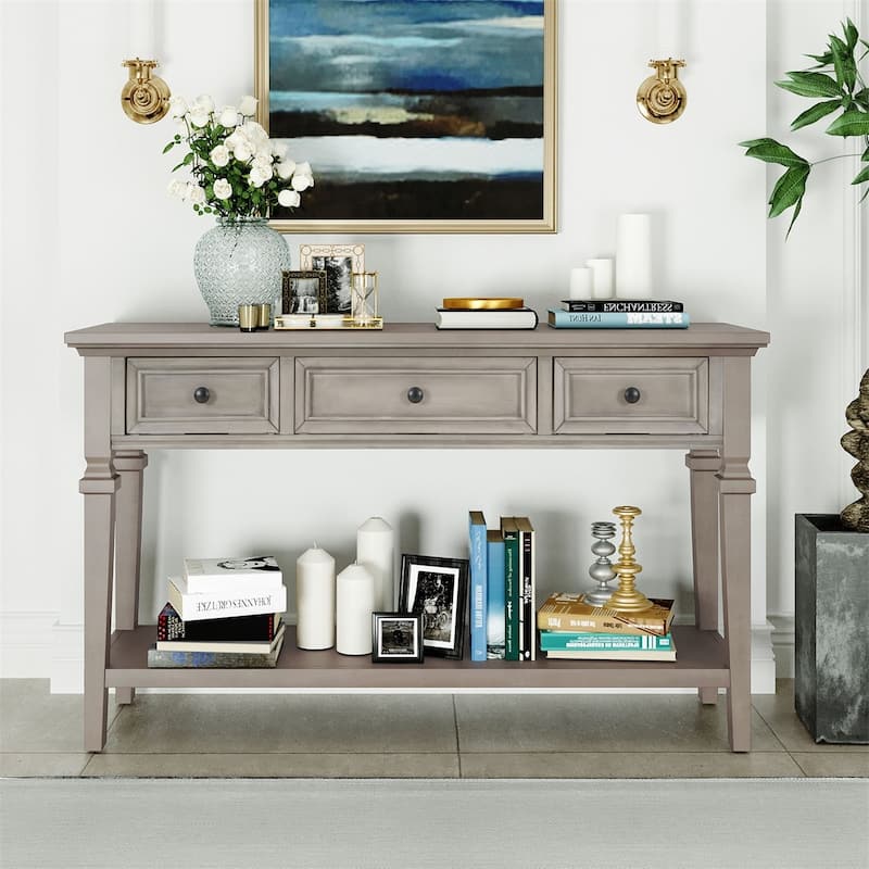 Merax Retro Style Console Table with Three Top Drawers and Bottom Shelf - Grey Wash
