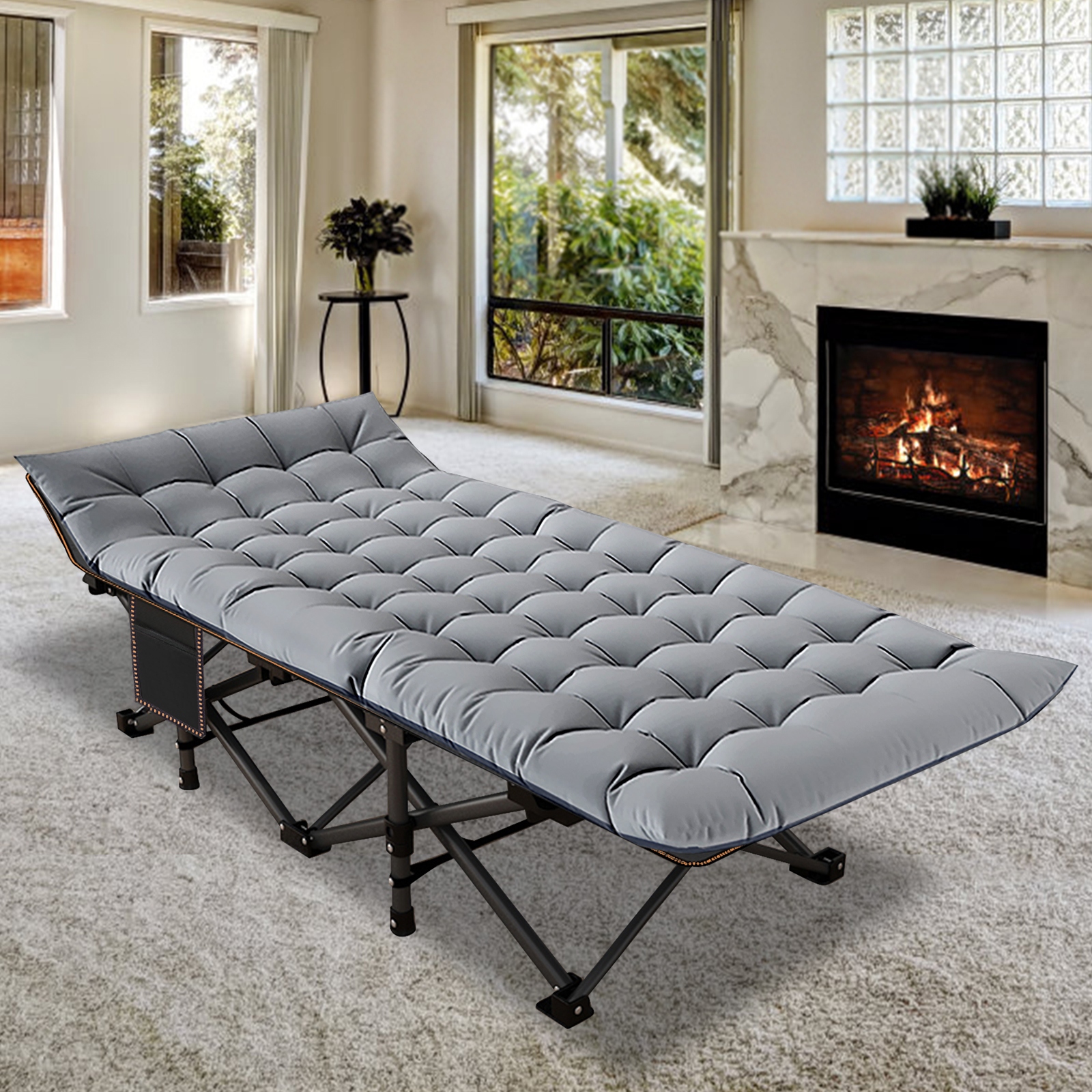 75 Folding Camping Bed with 3.3 Inch Mattress Portable Sleeping Cot Black