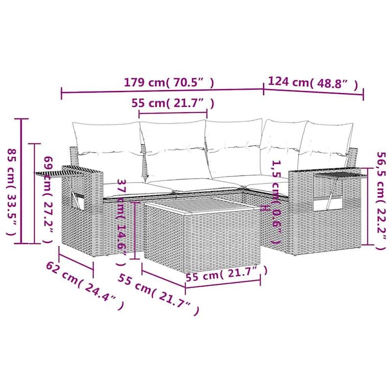vidaXL 5 Piece Patio Sofa Set with Cushions Black Poly Rattan - 24.4" x 24.4" x 27.2"