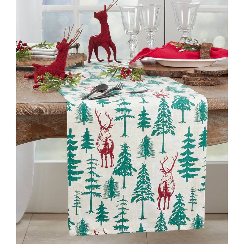 Holiday Table Runner With Deer and Trees Design - 14"x90"