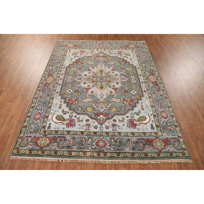 Animals Design Heriz Serapi Indian Area Rug Hand-Knotted Wool Carpet - 7'11" x 9'11"