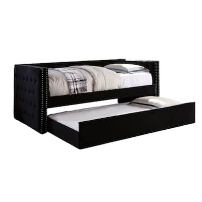 Suzo Daybed with Trundle, Black Flannelette Upholstery, Nailhead Trim